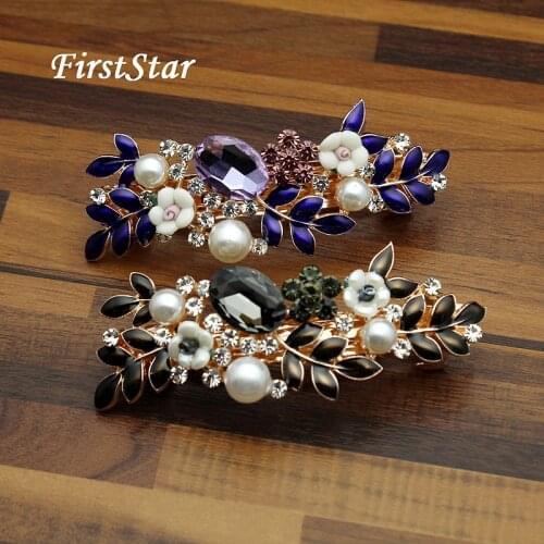 FirstStar Fashion Purple And Black Crystal Hair Barrette Leaf Flower Pearl Rhinestone Clip For Women Hair Jewelry