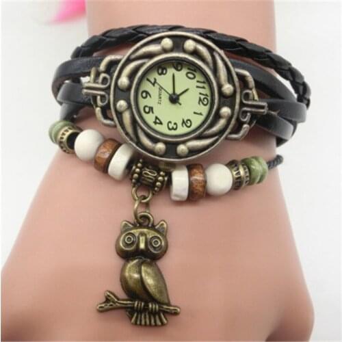 2021 Women Girl Vintage Watches Bracelet Wristwatches Owl Pendant Leather Bracelet Lady Womans Wrist Watch Gift Women Watch