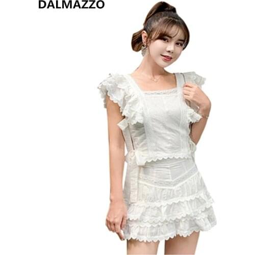 Lace Embroidery Womans Square Collar Sleeveless Short Tops + Min Skirt 2 Pieces Sets 2021 Summer Womens Fashion Suits Clothes