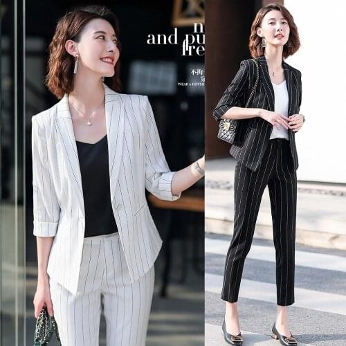 Office Ladies White Striped Blazer for Women Business Suits with Pant and Jacket Sets Work Wear Half Sleeve