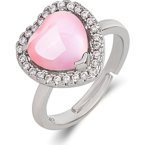 Fashion Women Ring 925 Silver Jewelry Heart Shape Rose Quartz Zircon Gemstone Open Finger Rings for Wedding Party Accessories