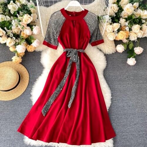 Internet Celebrity Star Sequin Dress Women Summer Elegant O-Neck Spliced Short Sleeve Dresses Party Sashes A-Line dress evening