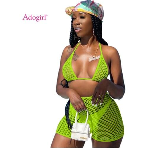 Adogirl See Through Fishnet Bikini 3 Piece Set Lace Up Halter Bra Top Summer Shorts with Panties Women Sexy Beach Suit Club Wear