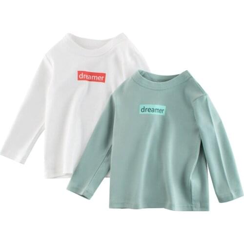 2021 Kids Long Sleeve T-shirts Solid Cotton Tops Boys Girls Print Tees Tops Children Sweatshirts white green 2-9Years