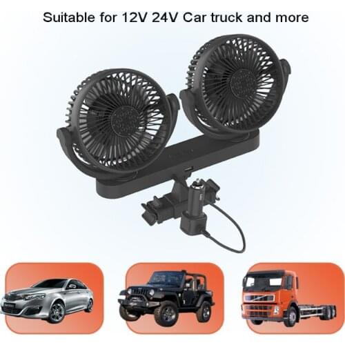 Dual Head 3-Speed 12V 24V Car Headrest Back Seat Cooling Fan With 5V USB Charger