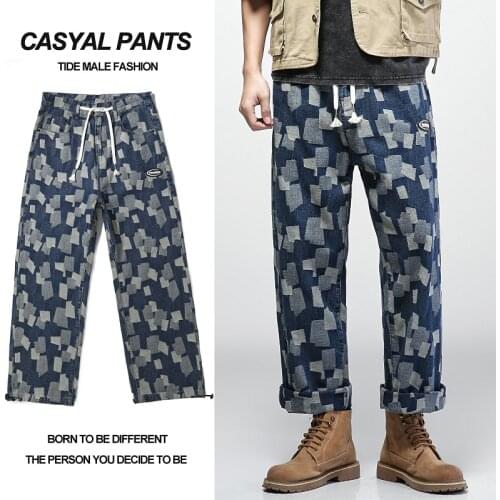 Young mens brand fashion loose casual jacquard jeans trend high street mid-waist tie-up straight leg pants wide leg pants