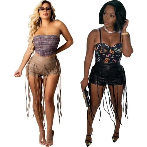 Tassel Elastic Leather Slim Shorts Women Hip Zipper Design Bandage Shorts 2021 Summer Female Casual Straight Leg Pants Wholesale