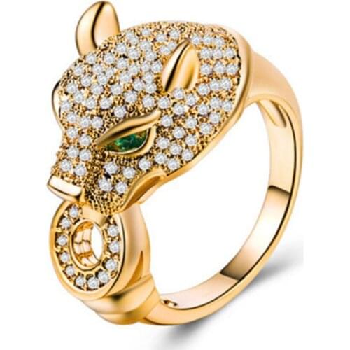 FYJS Unique Light Yellow Gold Color Cheetah With Cubic Zirconia Finger Ring for Party Gift Animal Jewelry