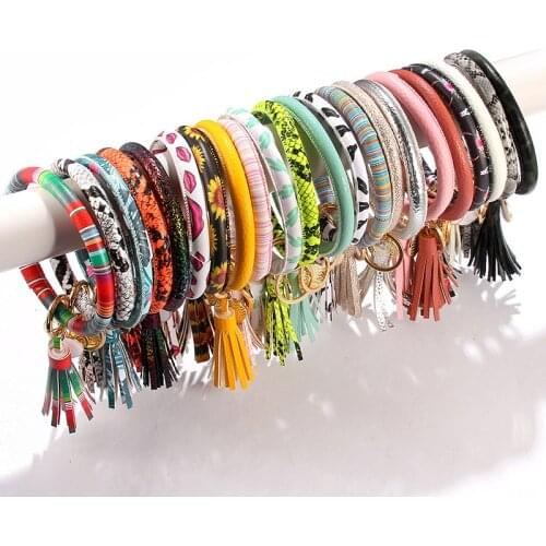 MOFLO PU Leather Tassel Keyring Bangle Disc Pendant Wristlet Keychain Leopard Snake Leather Bangle Keychain 2020