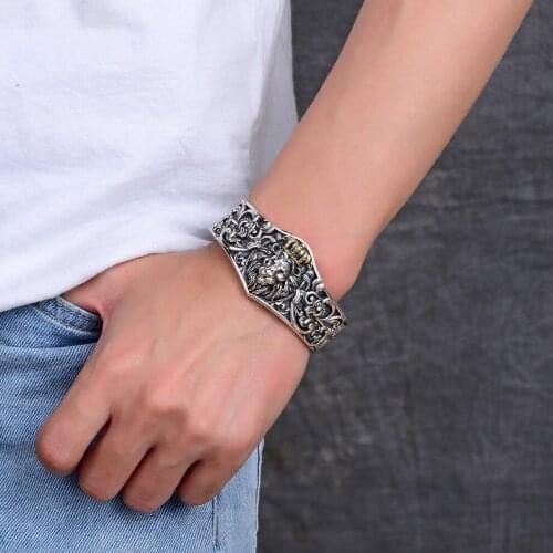 New Real Pure 100% s925 Silver Jewelry bangle Trend Personality Wide Version Crown Lion Punk Rock Man women Bracelet