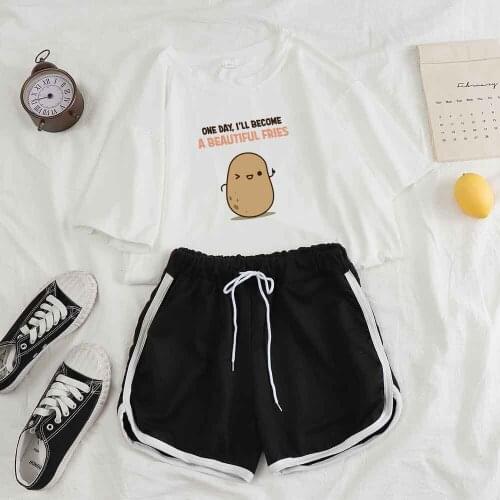 Sleep Tops Women Two Piece Set Women Shorts Pajamas Set Female Letter Potato Print Graphic T-shirt Korean Style Shorts Suit