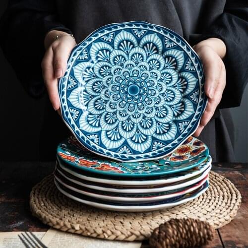 Tableware White Plate Food-Porcelain Ceramics Retro Western Blue Creative Household Cute