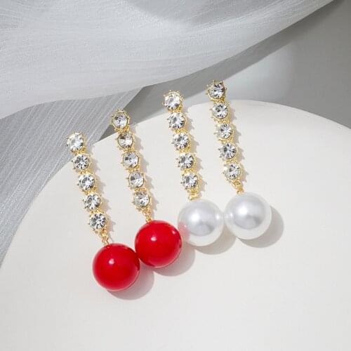 Origin Summer Bling Bling Rhinestones Simulation Pearl Dangle Earring for Women Long Tassel Metallic Earring Jewelry Pendientes