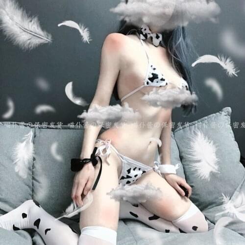 Lolita Sexy Lingerie Cow Cosplay Costumes Anime Bikini Set Girls Swimwear Clothing Tankini Swimsuit Lolita Bra and Panty Set