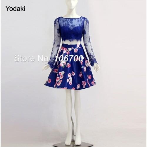 Fabulous 2 Pieces Lace with Rhinestone Print Homecoming Dresses Long Sleeves Boat Neck Backless Pleat Ruched Short Prom Gowns