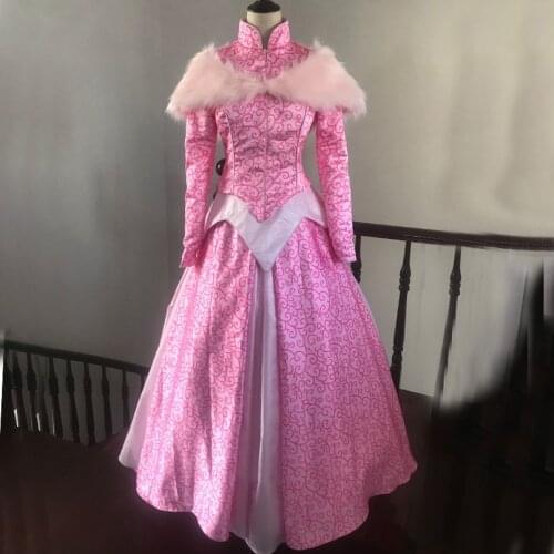Sleeping Princess Aurora Pink Winter Dress With Cape Fancy Halloween Carnival Ball Gown Adult Women Cosplay Costume