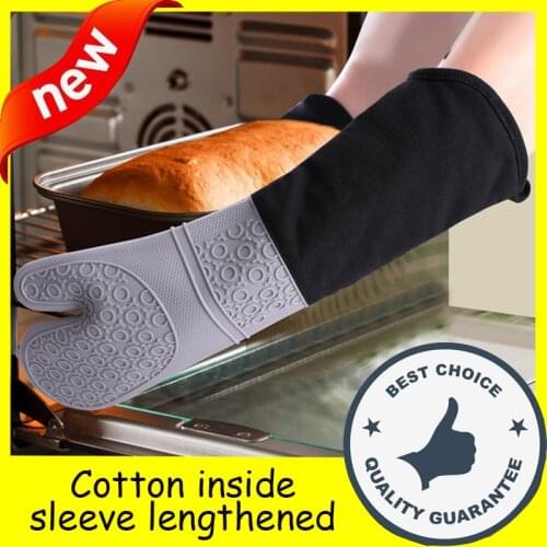Extra Long Silicone Gloves Inner Cotton Anti-Scalding Oven Mitts Heat Resistant Bbq Glove Non-Slip Pot Holder for Kitchen Baking