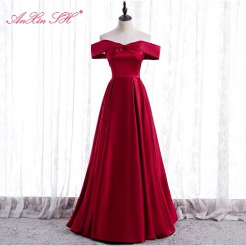 AnXin SH princess wine red satin evening dress vintage party boat neck big bow a line bride lace up host long evening dress