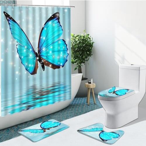 Blue Butterfly Flower Shower Curtain Floral Tropical Plant Bath Mat Non-Slip Flannel Rugs Toilet Cover Bathroom Home Decor Set