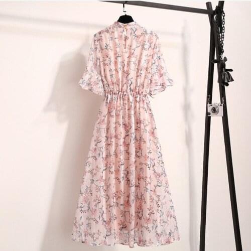 Elegant Sweet Dense Flower Pattern Short Sleeve Long A-line Chiffon Pink Women Dress Party Ropa Mujer Vestidos Robe