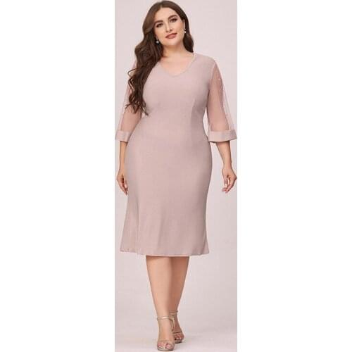 Lace Beads Half Sleeves Evening Dress Deep V-Neck Simple Empire A-Line Elegant Tea-Length New Plus Size Women Formal Gowns D946