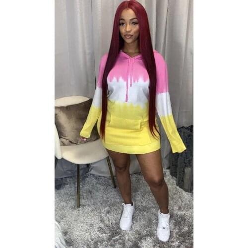 Echoine Long Sleeve Gradient Color Patchwork Mini Dress Women Casual Hoodies Dresses Autumn Winter Sports Club Women Clothing