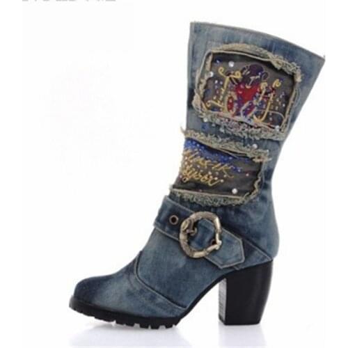 Crystal Winter Warm Boots Women Platform Chunky High Heel Botas Mujer Denim Boot Riding Boots Jean Shoes Woman Size 42