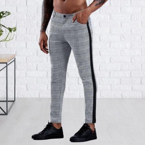 2021 New Casual Fashion Simple Men Pant Plaid Pattern Breathable Polyester Elastic Male Skinny Trousers for Work Daily Life