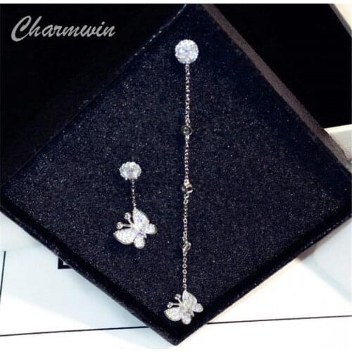 Charmwin New Butterfly Long Earrings Women Fashion Jewelry Asymmetric Silver Plated Cubic Zirconia Chain Dangle Earring PE1443