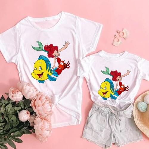 Girl T-shirt Cartoon The Little Mermaid Ariel Flounder Sebastian T Shirt Women Summer Casual Harajuku Mom and Daughter Tshirt