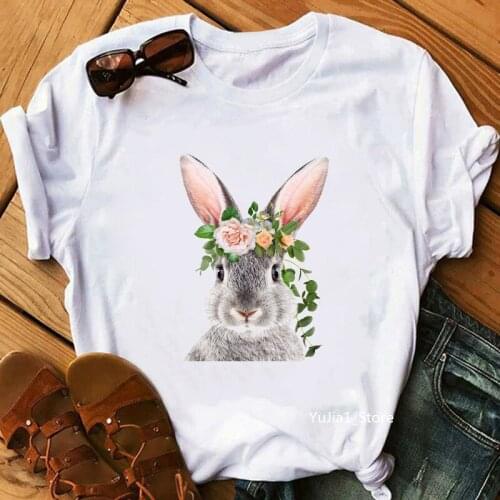 Cute Rabbit Animal Print Tshirt Women Flowers Bunny T Shirt Femme Harajuku Kawaii Clothes Summer Fashion T-Shirt Female Tops