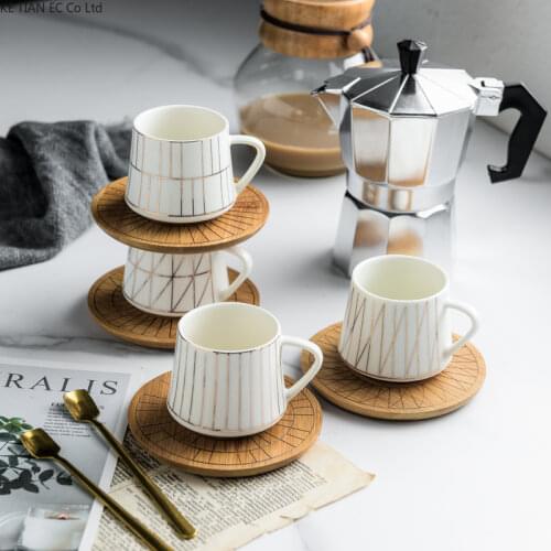 Creative line striped ceramic coffee cup with bamboo dish Nordic afternoon tea mini 80ml concentrated coffee cup to send spoon