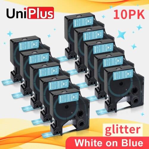 UniPlus 10PK 12mm D1 Label Tape Compatible Dymo Typewriter Glitter Printer Ribbon White on Shiny Blue for Dymo Label Maker 210D