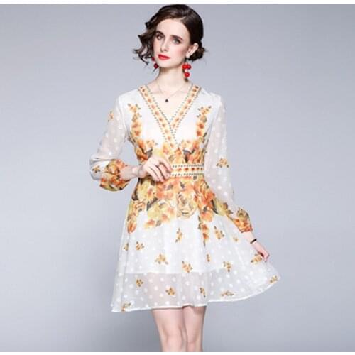Summer Fall Women Flower Dress Temperament Long Lantern Sleeve V Neck Flora Print Vintage Elegant Party Chiffon Mini Vestidos