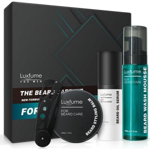 Luxfume Beard Growth Kit Beard Activator Serum Beard Styling Balm Beard Wash Mousse Beard Comb Beard Care Kit