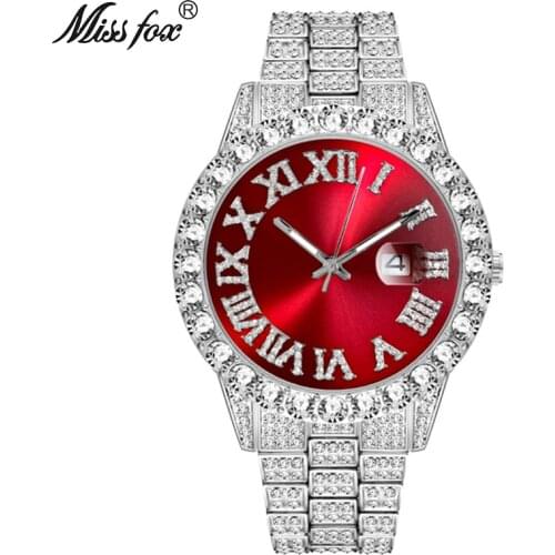 MISSFOX Men Watches Famous Brand Luxury Bling Diamons Silver Quartz Watch Male Hip Hop Style Party Wristwatch Jewelry Gift 2020