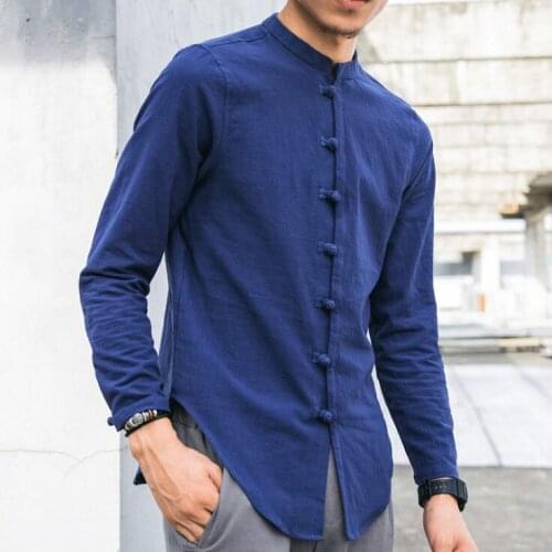 Autumn linen long sleeves shirt mens Chinese style retro cotton soft plate buckle collar loose lay mens hanfu men casual shirt