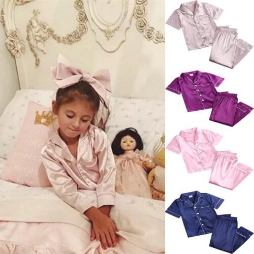 2pcs Infant Baby Boy Girl Pajamas Silk Satin Top Pant Long sleeve Solid Button-Down Pyjamas Satin Set Nightgown Child Sleepwear