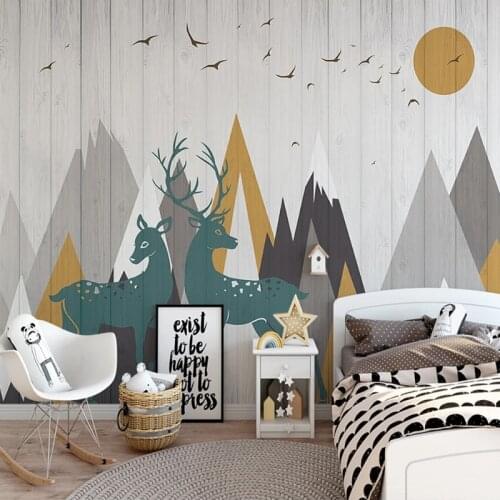 Custom 3D Wallpaper Murals Wood Board Hand Painted Cartoon Mountain Bird Sunrise Forest Elk Mural Childrens Bedroom Decoration