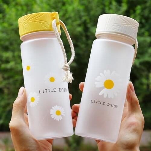600ml Small Daisy Transparent Plastic Water Bottles BPA Free Creative Frosted Water Bottle With Portable Rope Travel Tea Cup