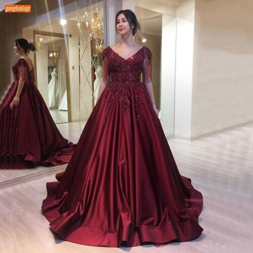 Sumptuous Burgundy Evening Dress Lace Appliqued Beaded Satin Ball Gown Sukienka Wieczorowa 2020 Women Dresses Party Custom Made
