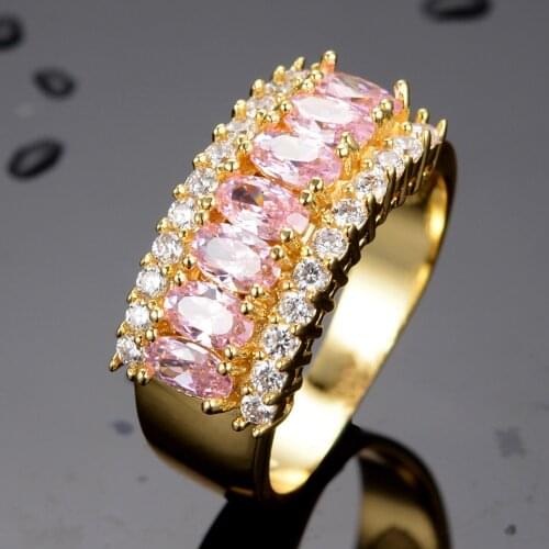 Luxury Female Pink Crystal Stone Ring Charm Big Gold Color Wedding Rings For Women Trendy Geometric Zircon Engagement Ring