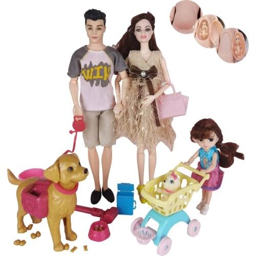 5-Person Family Combination = 11.5" Male Doll Father/Pregnant Mother/Baby Doll Stroller Crib Children’s Toy Best Birthday Gift