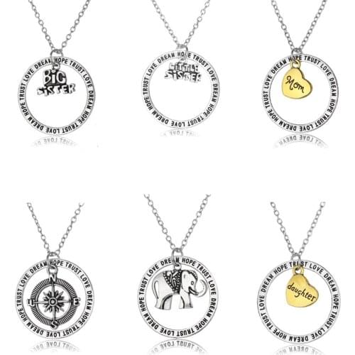 Family Heart Pendant Necklaces Love Dream Hope Trust Jewelry Party Gifts Big Sister Little Sister Mom Compass Elephant Daughter