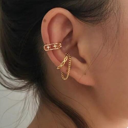 Single Gold Cirlcle Earcuff Link Chain Tassel Clip on Earrings Fake Piercing Earclip Non Pierced Ear Cuff Faux Earings Jewelry