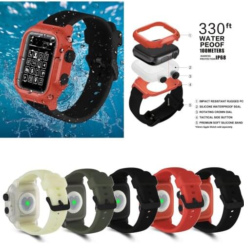 42mm 44mm 330ft IP68 Waterproof Case Sport Silicone Rubber Strap For iWatch Apple Watch Series 4 3 2 Band TPU PC Protect Cover