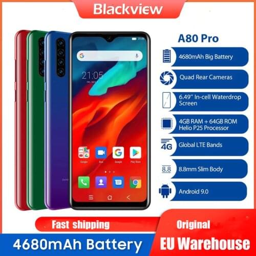 Blackview A80 Pro Global Version Quad Camera Mobile Phone 6.49'' Waterdrop 4GB+64GB Octa Core Android 10 4680mAh 4G Cellphone