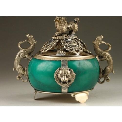 Old Vintage Collection Handmade Old Tibet Silver Dragon Jade Incense Burner Statue wholesale factory Bronze Arts outlets (0405)