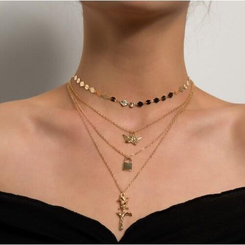 Vintage Multilayer Angel Lock Flower Pendant Necklace for Women Elegant Chains Geometric Sequins Clavicle Necklace Jewelry Gift