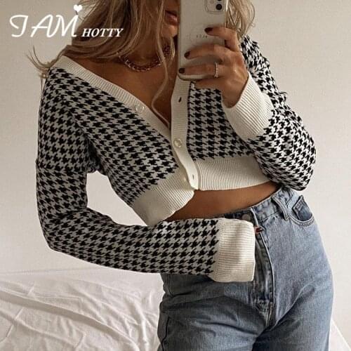 Vintage Houndstooth Knitted Cropped Cardigan Women Y2K Elegant Button Up Long Sleeve Sweater Knitwear Feamle Autumn 2020Iamhotty